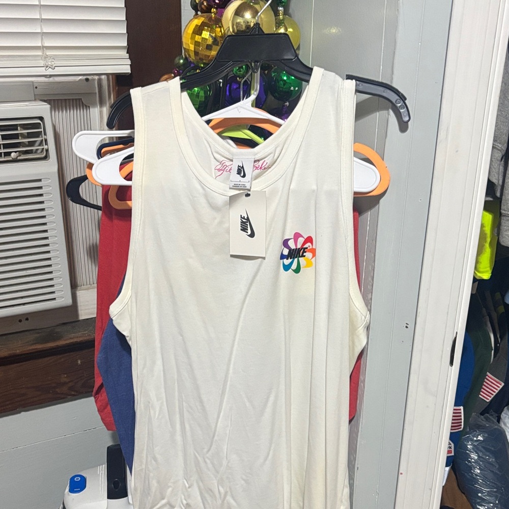 Nike White Muscle Tee with Multicolor Logo